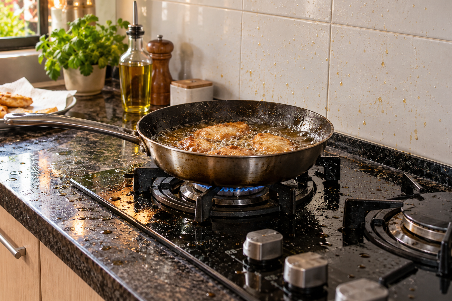 Sartén abierta con aceite salpicado sobre la estufa y la pared de la cocina